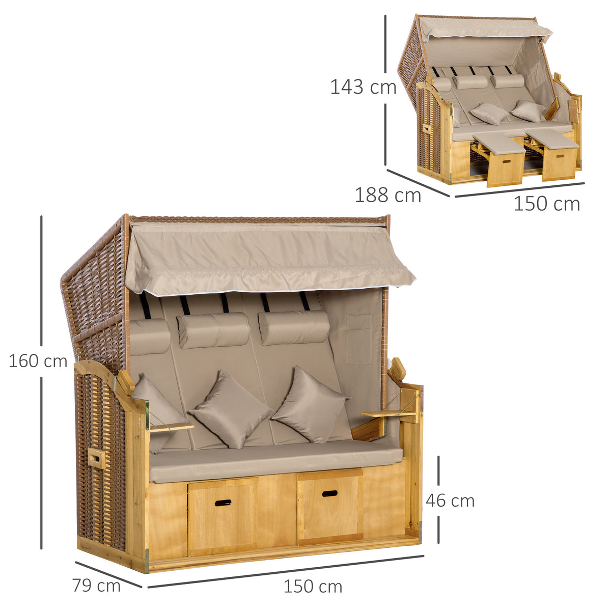 Outsunny Strandkorb 3-Sitzer Sonnenliege mit Dach 2 Klapptischen Fußstütze Chaiselongue 5-stufige Rückenlehne XXL Polyrattan Natur 150 x 79 x 160 cm