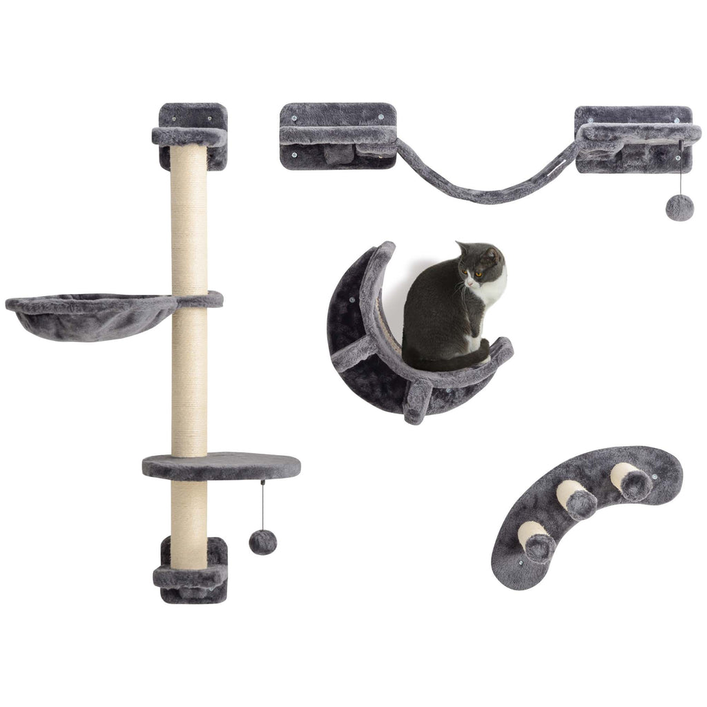 PawHut Kletterwand Katzen 4-teilig Katzen Kletterwand Set mit Hängematte, Katzenbrücke bis zu 5 kg, Dunkelgrau