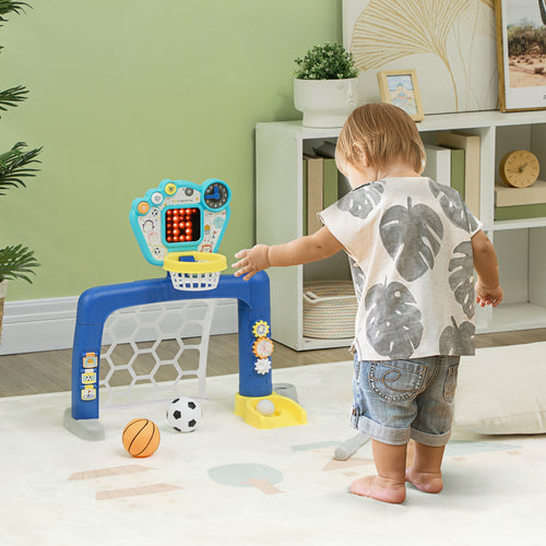 AIYAPLAY Fußballtor für Kinder, 3-in-1 Multi-Activity Center mit verstellbarem Basketballkorb, Scoreboard, Golfset