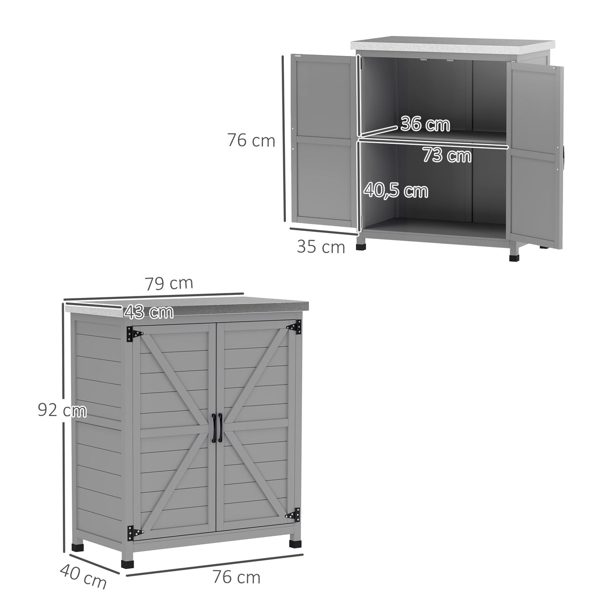 Outsunny Gartenschrank, Außenschrank mit Arbeitsfläche, Werkzeugschrank, Massivholz, Stahl, 79B x 43T x 92H cm, Grau
