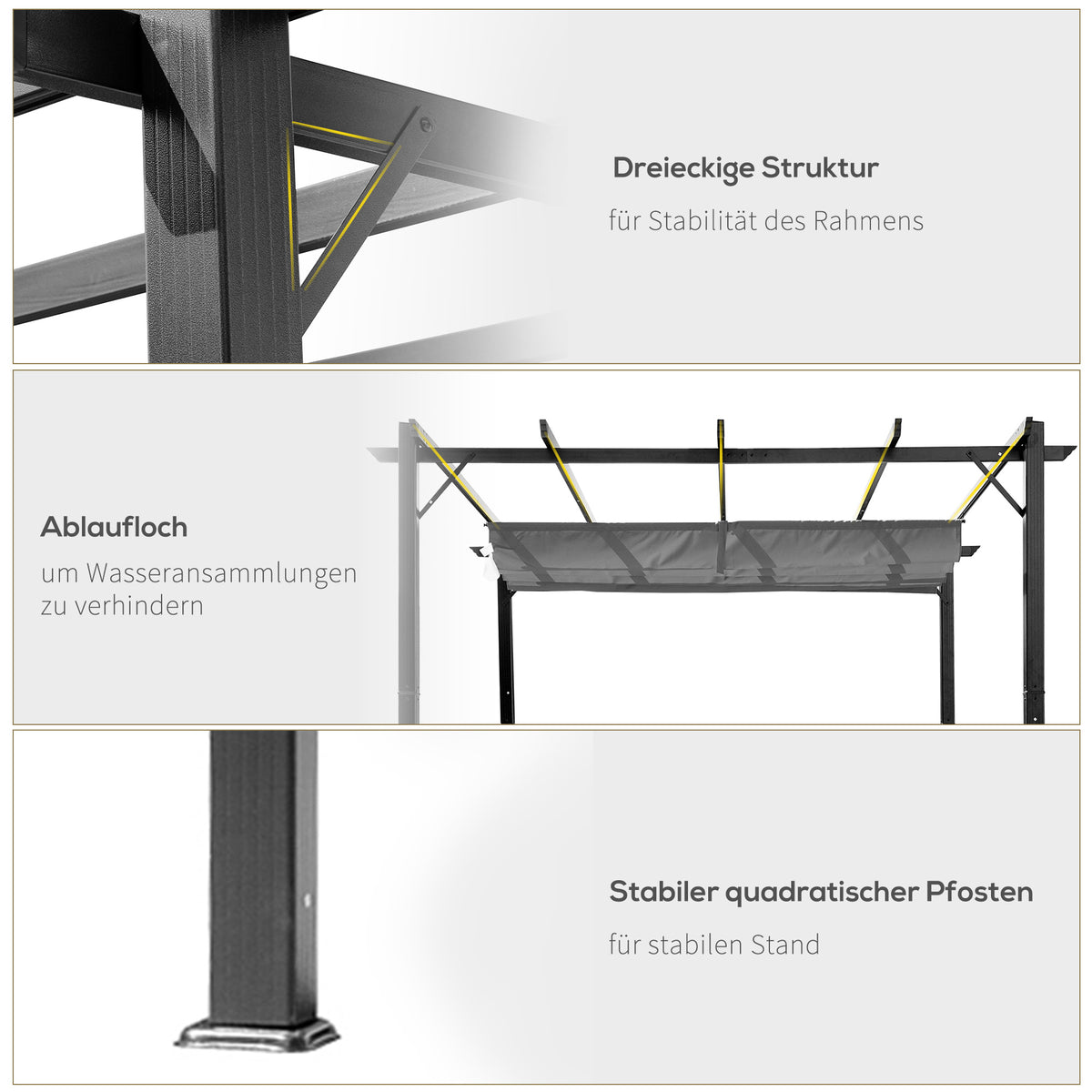Outsunny Pergola Pavillon Terrassenüberdachung mit Schiebedach Garten Alu Kohlegrau+Dunkelgrau 3x3x2,23 m