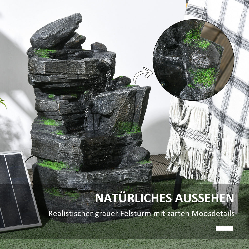 Outsunny Gartenbrunnen, Steinoptik, 4-stufig, Solarbetrieb, LEDs, 57cm Höhe, Kunstharz, Grau/Braun