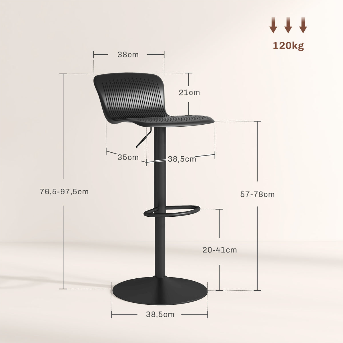 HOMCOM Set mit 2 Barhockern, höhenverstellbare Barhocker, Rückenlehne und Fußstütze, 38,5x40x76,5-97,5 cm, Schwarz