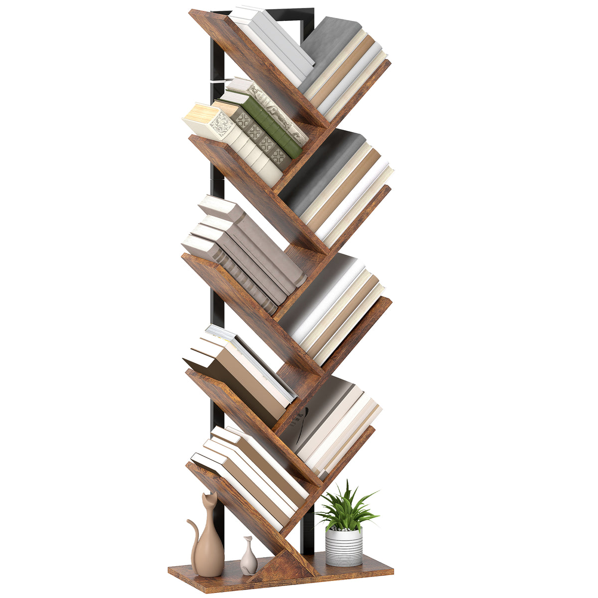 HOMCOM Bücherregal Standregal mit 9 Ebenen Schmal Regal im Baumform für Büro, Rustikal Braun
