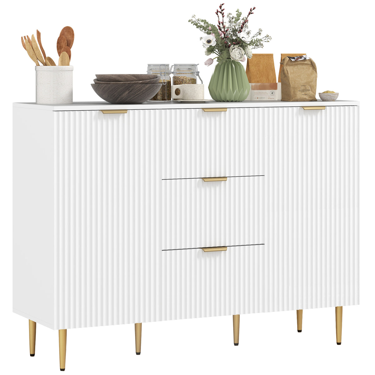 HOMCOM Buffet Küchenmöbel Aufbewahrung mit 3 Schubladen, höhenverstellbaren Regalen, Schranktüren mit Rillen, 120 x 40 x 90 cm, weiß