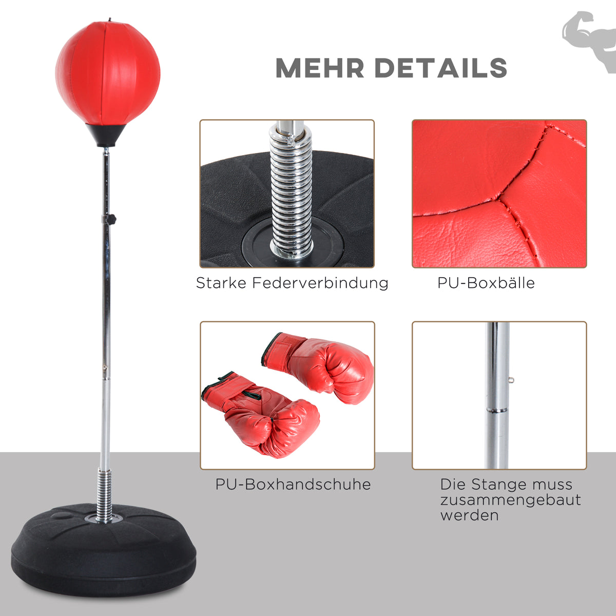 HOMCOM Box-Set mit Punchingball, höhenverstellbar, inkl. Boxhandschuhe, 126-144cm, Rot