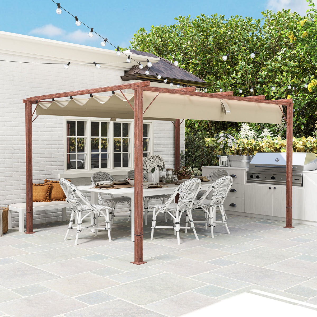 Outsunny 3 x 4 m Garten-Pergola, Verstellbares Terrassendach, Aluminium-Rahmen, UPF30+ Sonnenschutz, Naturholz