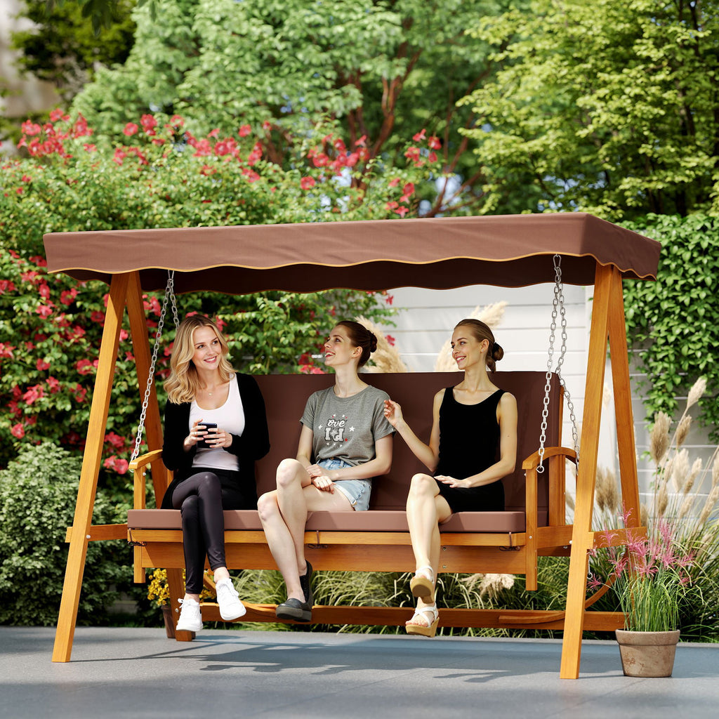 Outsunny Hollywoodschaukel mit Sonnendach, Echtholz-Gartenschaukel, Schaukelbank mit Liege-Funktion, für 3 Personen, Braun