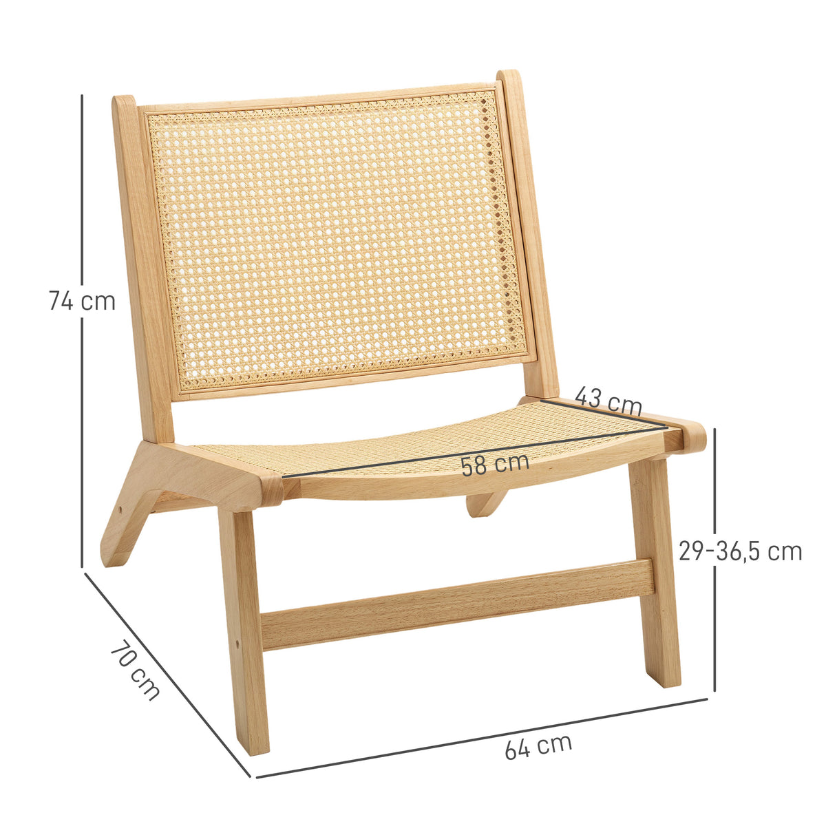 HOMCOM Rattanstuhl, Lesestuhl, Holzrahmen, breiter Sitz, 64 x 70 x 74 cm, Naturholz