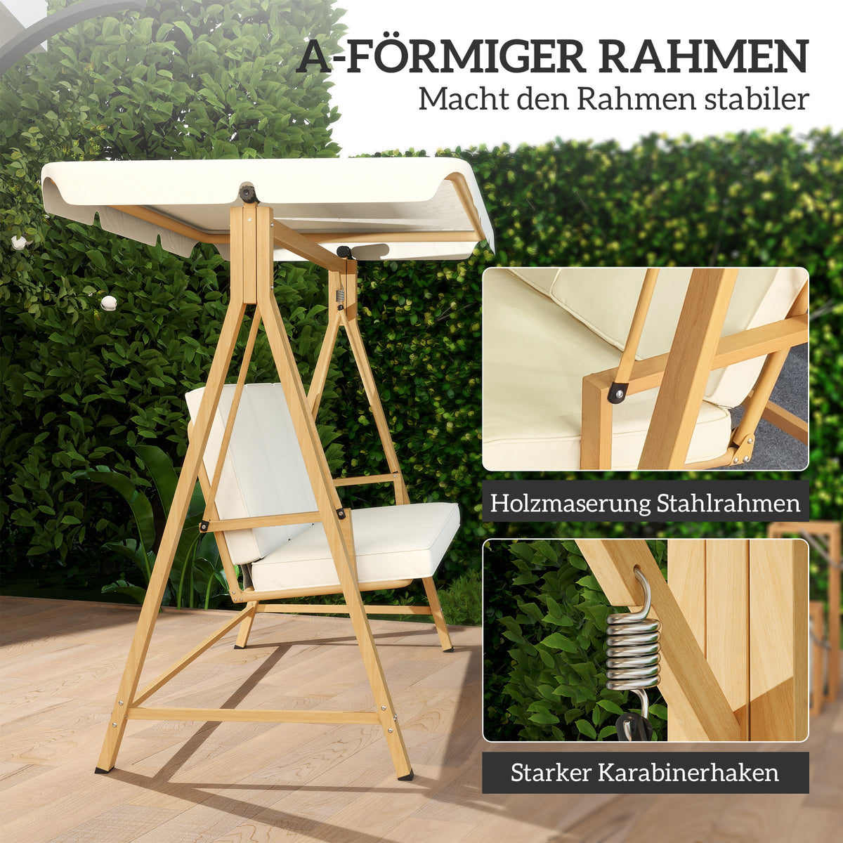 Outsunny Hollywoodschaukel mit verstellbarem Sonnendach Sitzauflage, 3-Sitzer bis 330kg 198 x 120 x 170cm, Beige