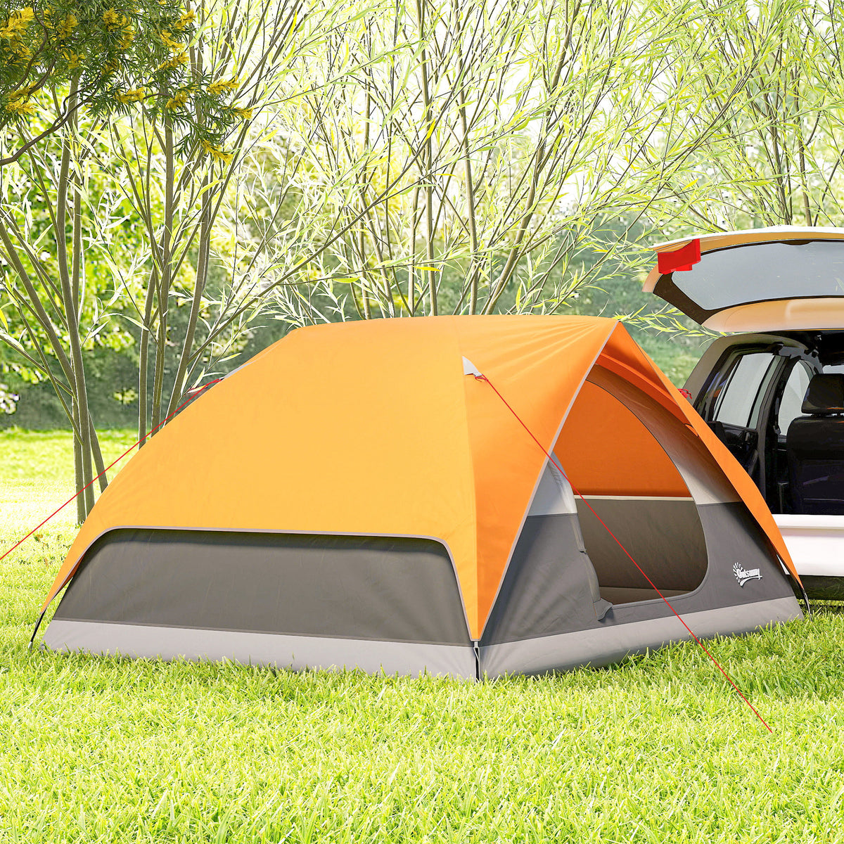 Outsunny Campingzelt für 3 Personen Wasserdicht mit Taschen, Deckenhaken für Laterne und Transporttasche, Orange