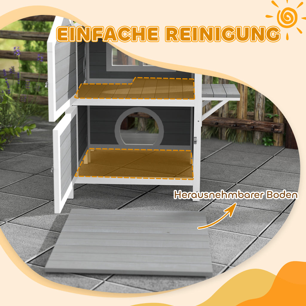 PawHut Outdoor-Katzenhaus mit wetterfestem Dach, Fenster, Balkon, herausnehmbarem Boden, 2 Ebenen, für 1-2 Katzen, Grau