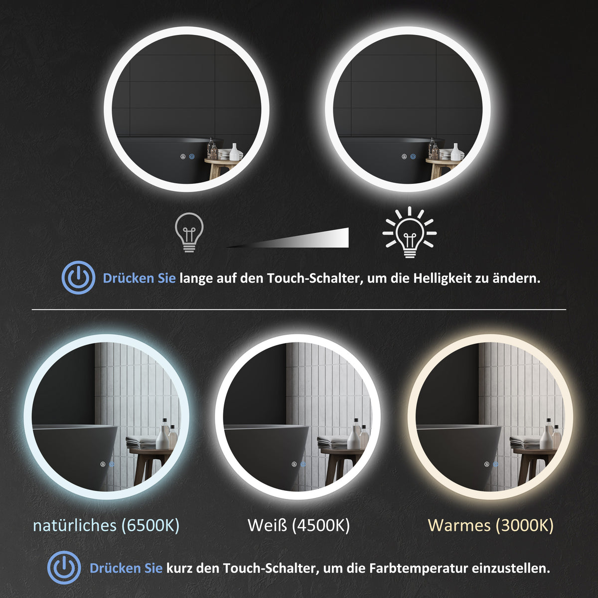 kleankin LED Badspiegel, einstellbare Helligkeit, Entnebelung, Touch, IP44, Metall/Glas, Ø60 cm, Weiß/Silber