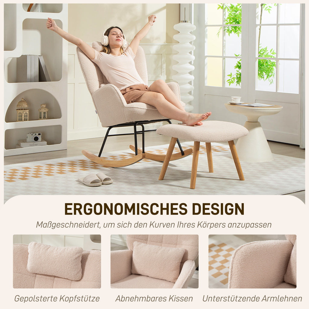 HOMCOM Schaukelstuhl mit Fußhocker, weicher Fleece-Bezug, Holzbeine, Kissen, hohe Rückenlehne, Schaukelsessel, Beige