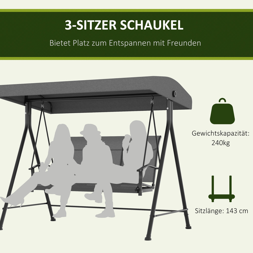 Outsunny Hollywoodschaukel, für 3 Personen, verstellbares Sonnendach, bis 240 kg, dunkelgrau, 195 x 118 x 170 cm