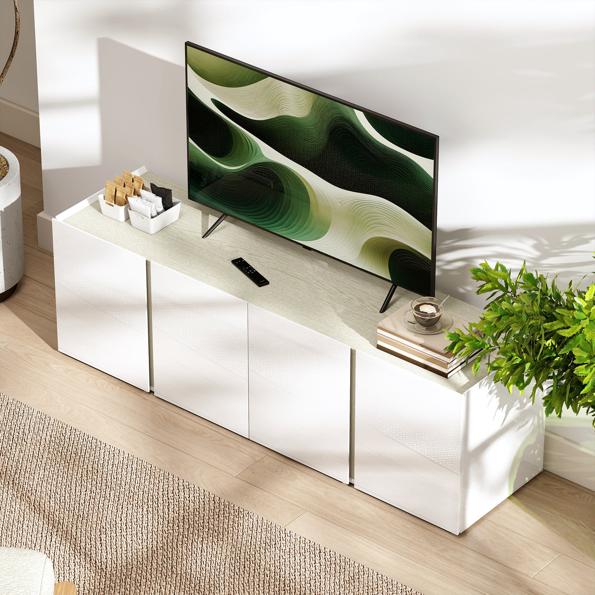 HOMCOM TV-Kommode für 65-Zoll-Fernseher, Fernseh-Schrank mit Soft-Close-Türen, anpassbare Regale, Kabellöcher, für Wohnzimmer, Weiß