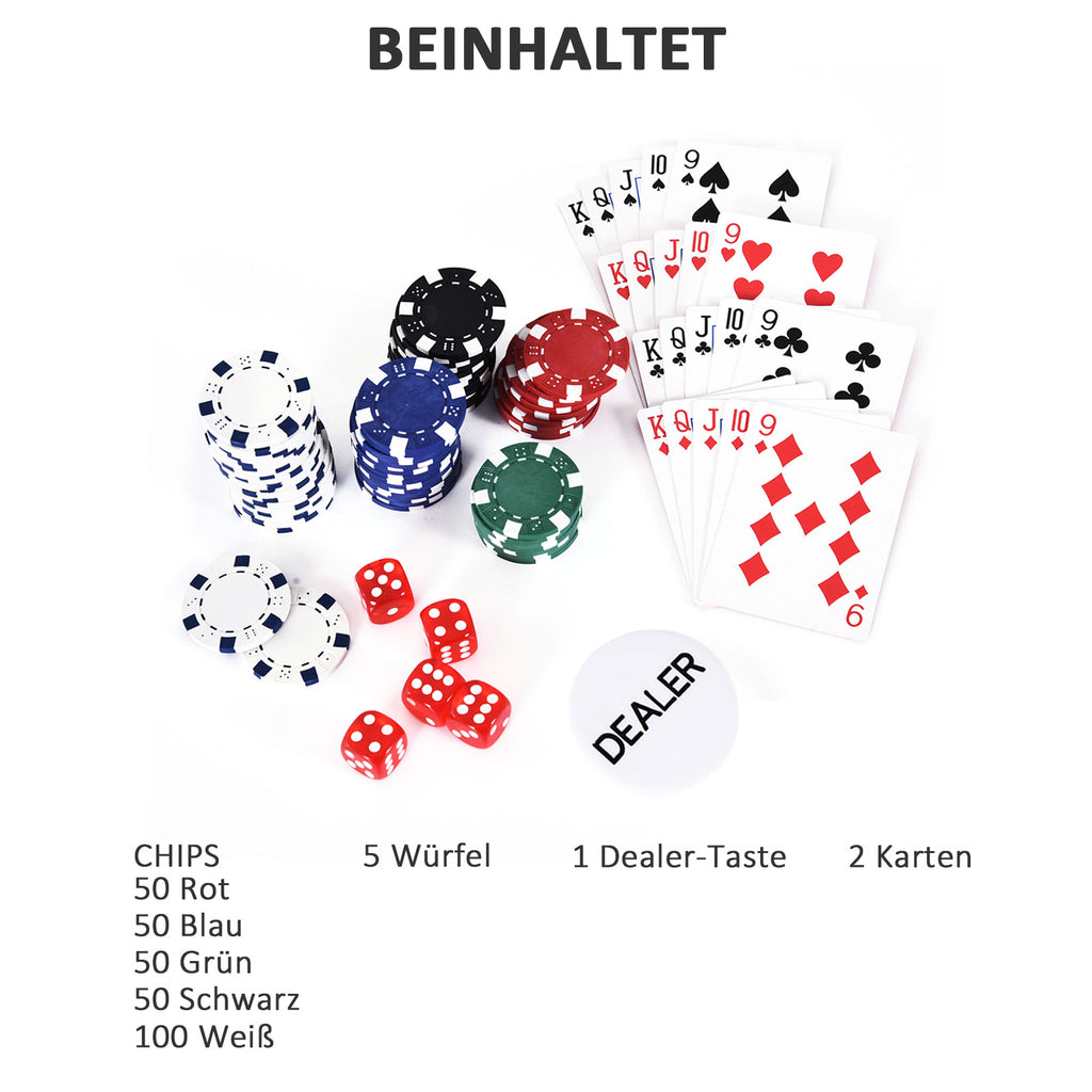 HOMCOM Pokerkoffer abschließbar Pokerset mit Koffer 300 Chips 5 Würfel 2 Kartendecks Zubehör, Pokerchips Komplett Set Pokerspiel Kartenspiele Aluminiumkoffer für Texas Hold'em, Blackjack