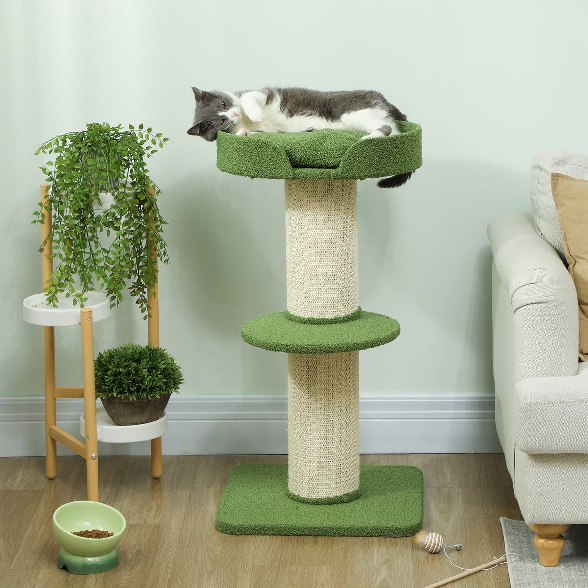 PawHut Katzenbaum  91cm Spielbaum mit Katzenbett, Plattform Lammwolle Grün