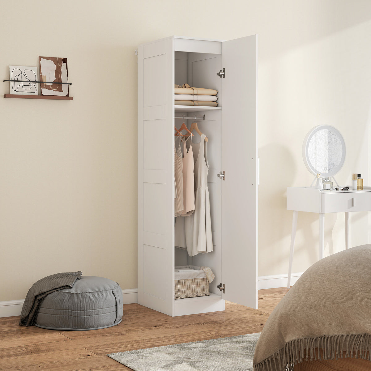 HOMCOM Kleiderschrank Mehrzweckschrank mit Kleiderstange, Regal, Soft-Close-Tür 40 x 52 x 180 cm Weiß