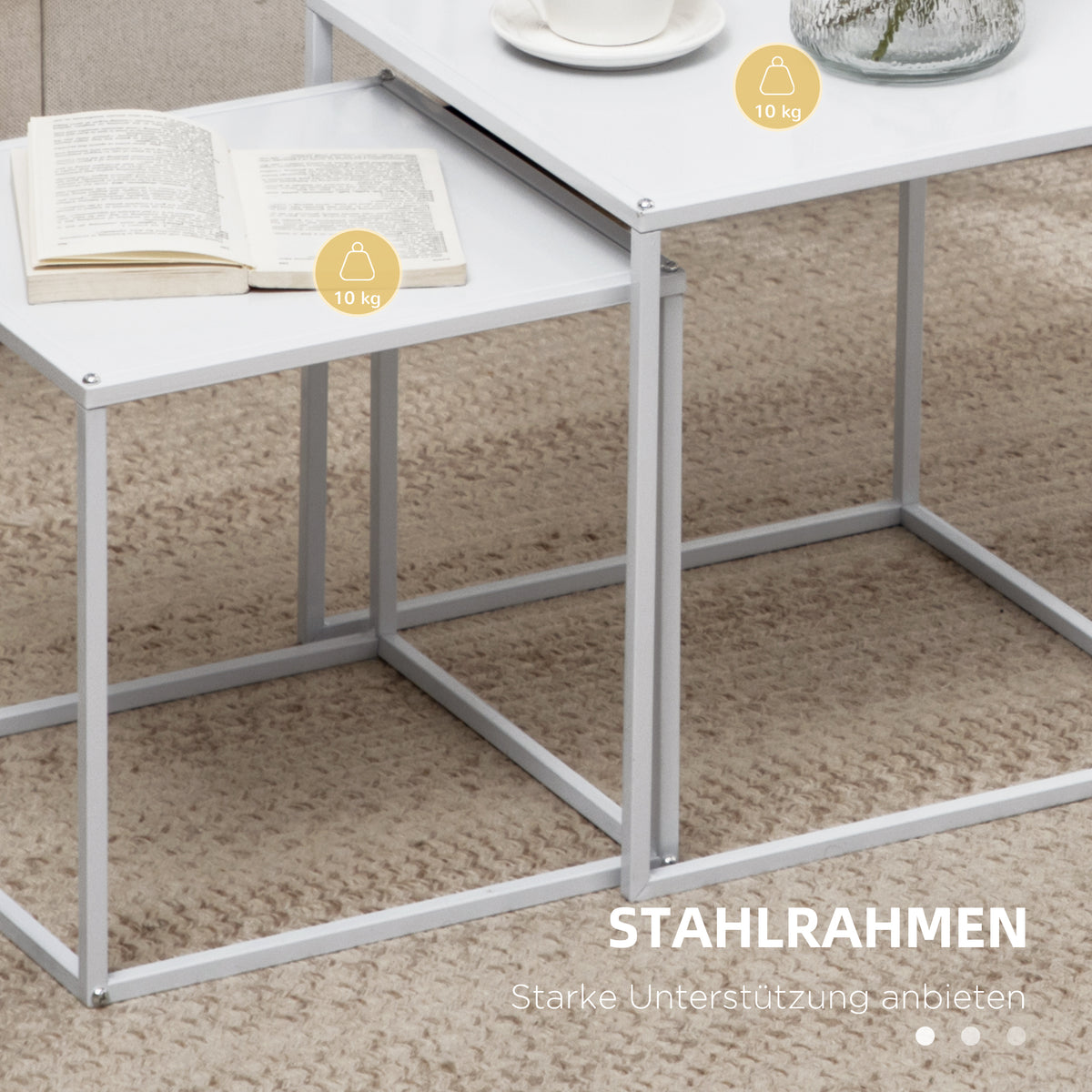 HOMCOM Beistelltisch-Set, moderne Satztische, platzsparend, stabiler Stahlrahmen, Weiß