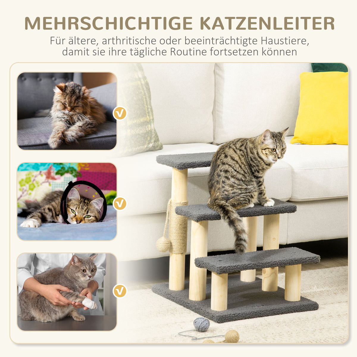PawHut Katzentreppe, Kratzbaum, drei Stufen, Spielball, grau+holzfarben, 45 x 40 x 48cm