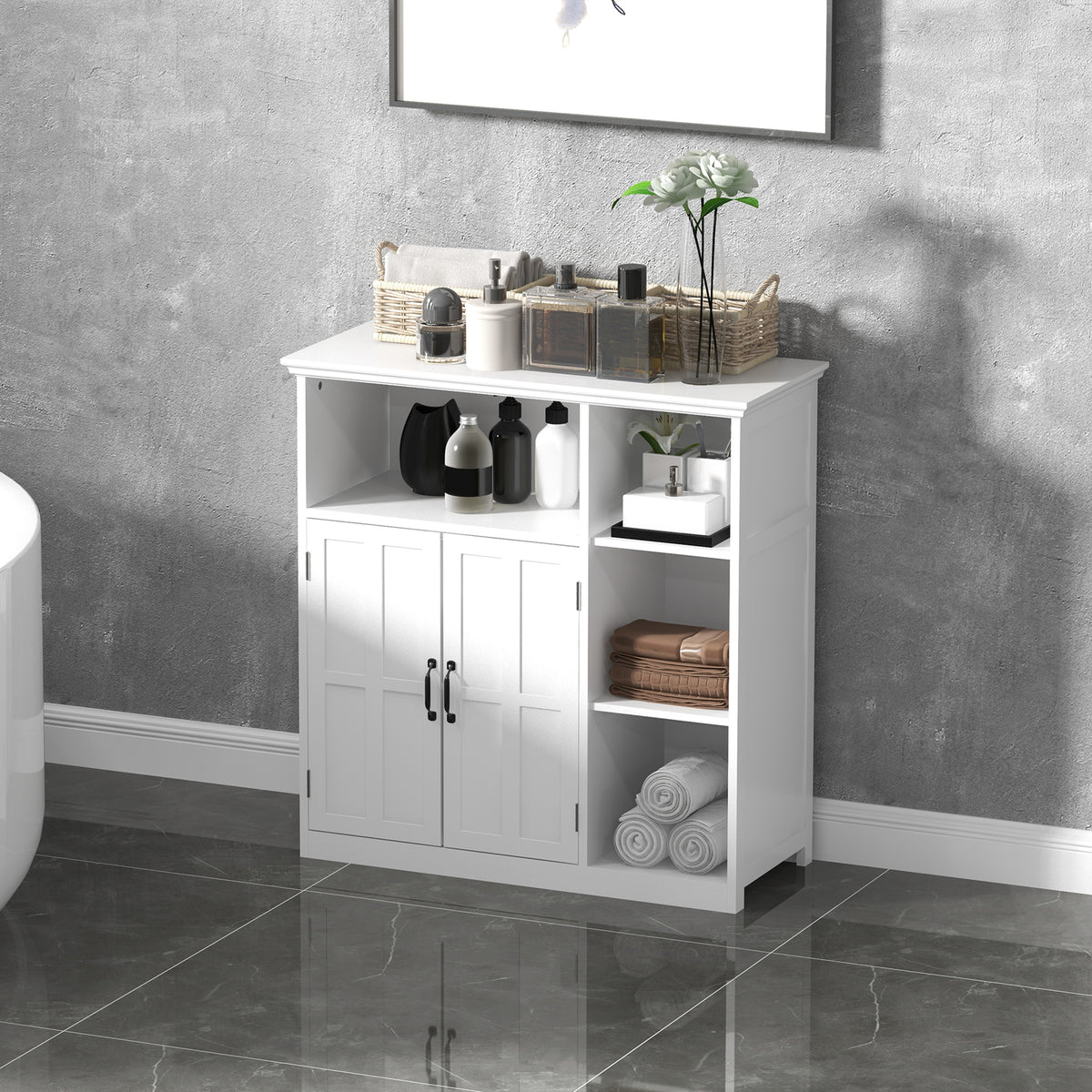 kleankin Badezimmerschrank auf Füßen mit Doppeltür, Schublade, offenen Fächern, 80x34x81cm, weiß