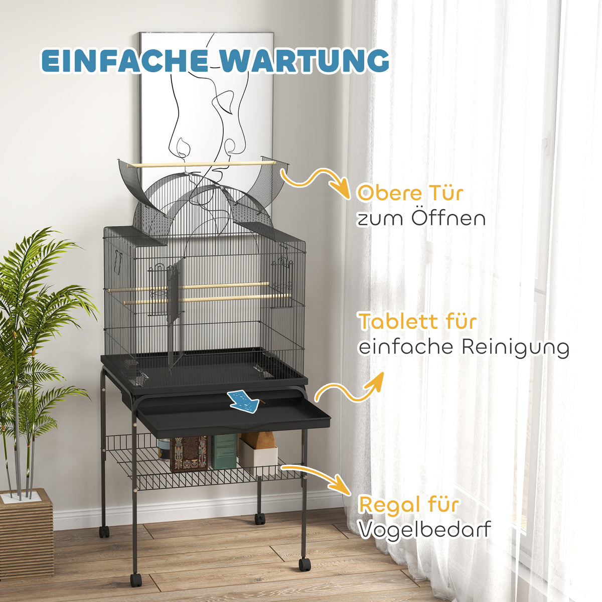 PawHut Vogelkäfig für Kanarienvögel & Wellensittiche, mobil, mit Bodenfach, Metallgitter, Schwarz