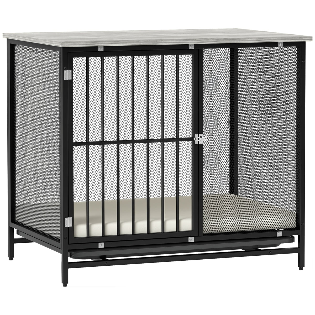 PawHut Hundebox mit gepolsterter Liegefläche, erhöhte Bodenwanne, verstellbare Füße, 80x55x71 cm, Eiche/Schwarz