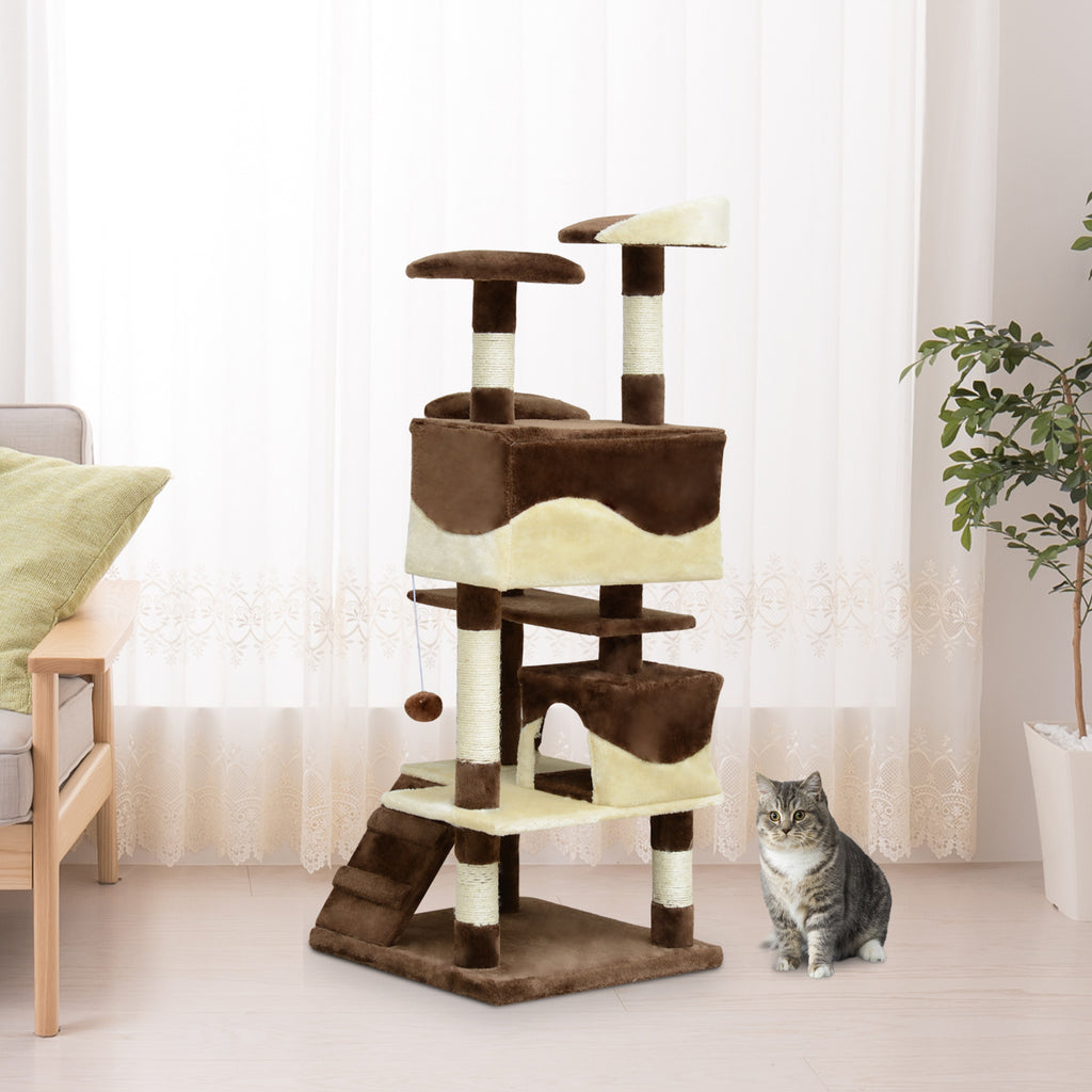 PawHut Kratzbaum für Katzen aus Plüsch und Sisal mit Höhlen und Ball 50×50×134,5 cm Kaffee und Creme