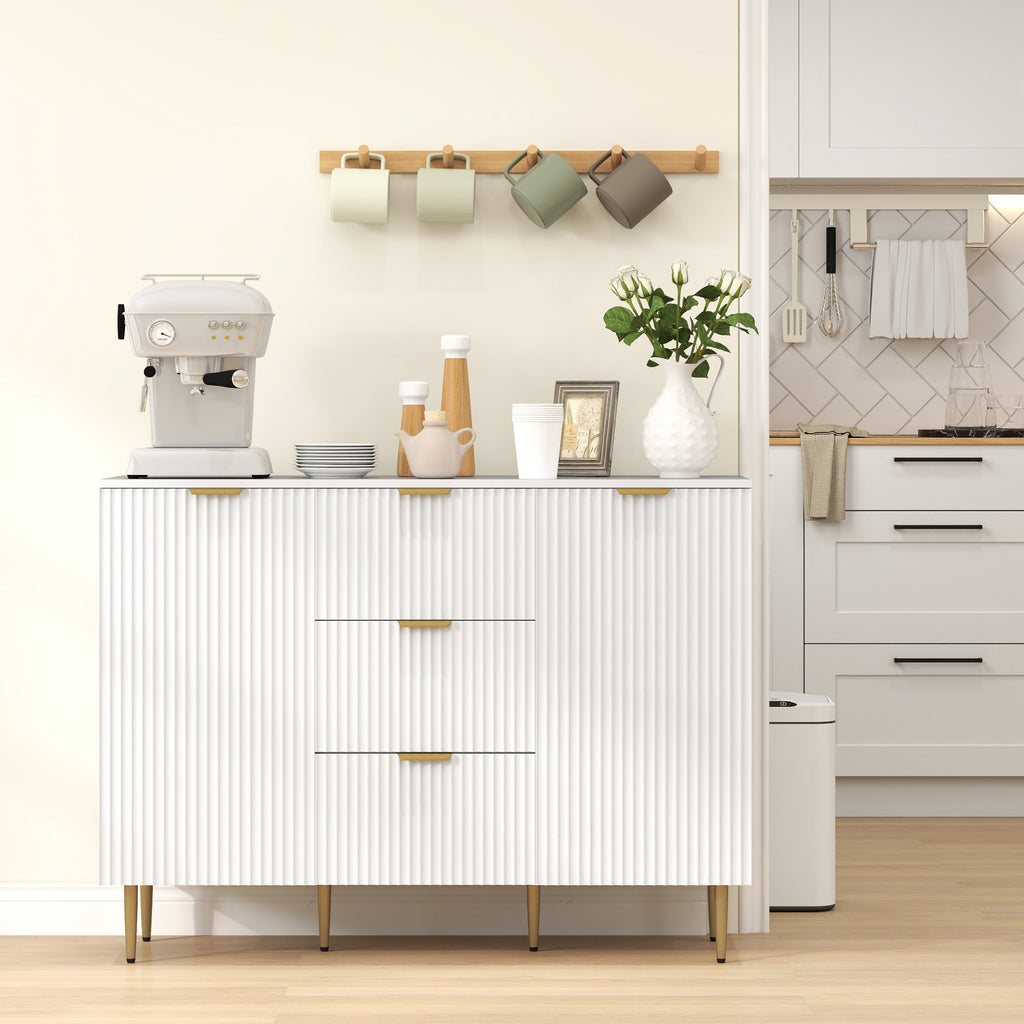 HOMCOM Buffet Küchenmöbel Aufbewahrung mit 3 Schubladen, höhenverstellbaren Regalen, Schranktüren mit Rillen, 120 x 40 x 90 cm, weiß