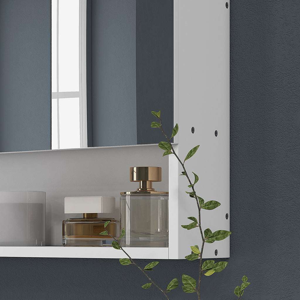 kleankin Badezimmerspiegelschrank, Schminktisch 3 Spiegeltüren, verstellbare Regale, 90x15x75cm, Weiß