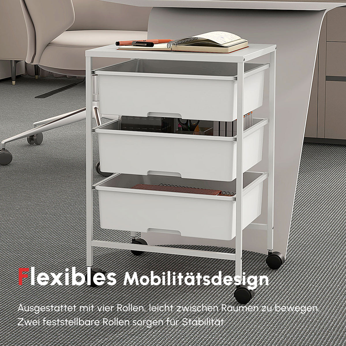 HOMCOM Beistellwagen mit Rädern, 3 Körbe für Transport und Aufbewahrung, Küchenwagen, 40,8L x 33,5B x 60,5H cm, Weiß