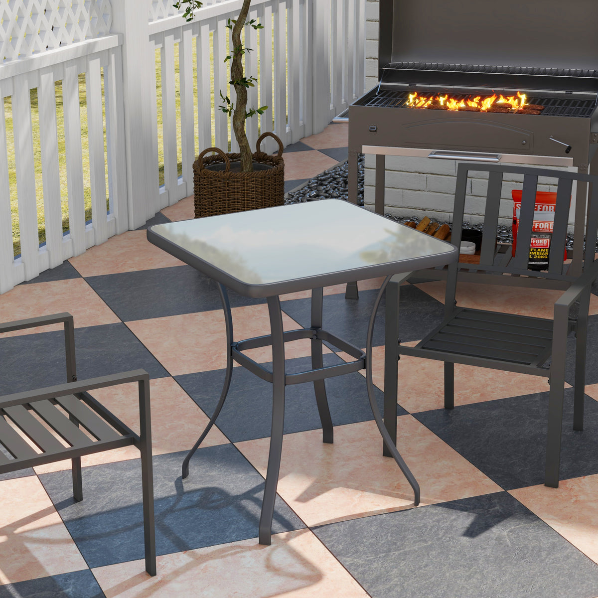 Outsunny Gartentisch Bistrotisch Glastisch Hartglas+Metall Schwarz L68,5xB68,5xH84cm