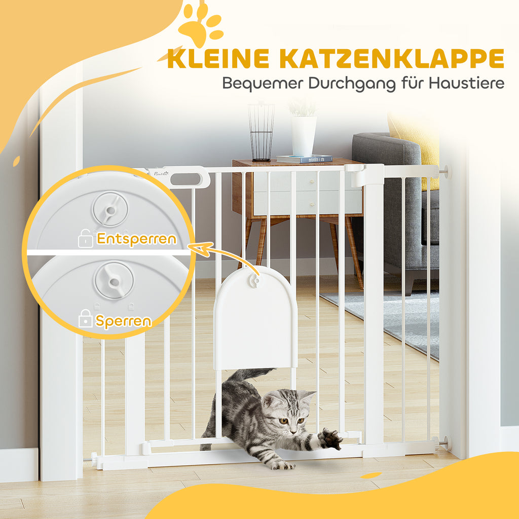 PawHut Absperrgitter für Haustiere, verstellbar, mit kleiner Tür, Stahl, Kunststoff, Weiß