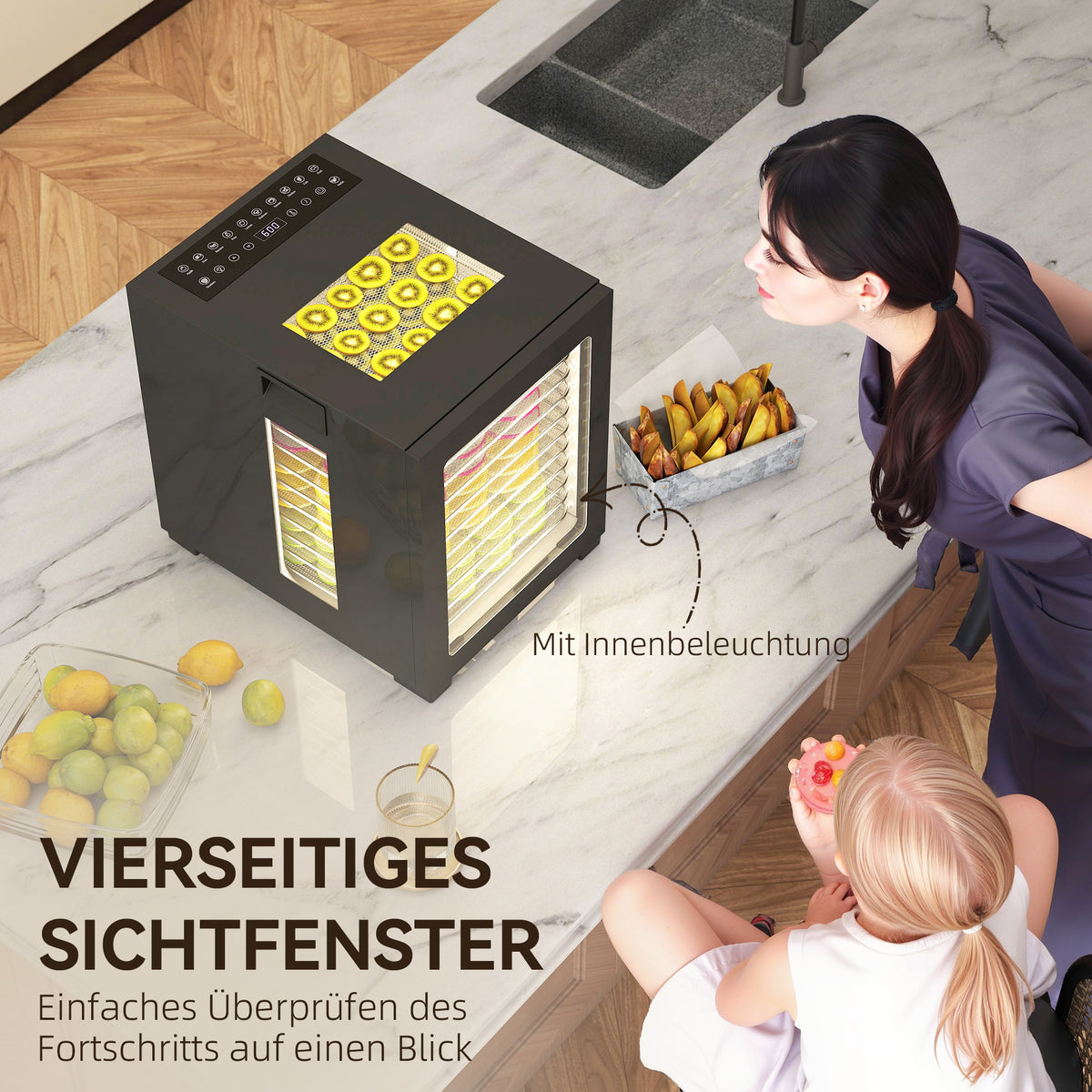 HOMCOM Dörrautomat Dörrgerät, 850 W, 40-70°C Temperaturregler, 48 Std. Timer, 12 Einlegefächer Edelstahl Schwarz