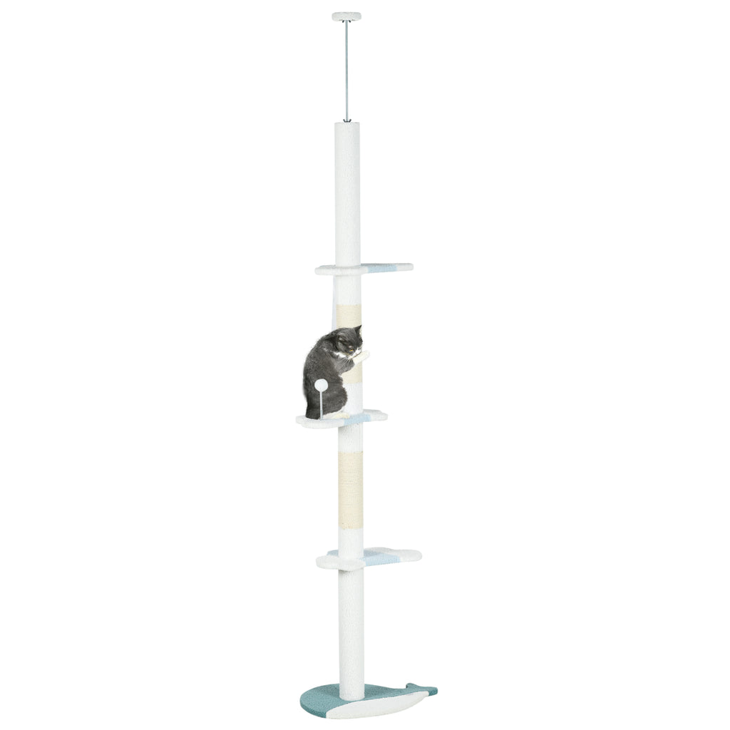 PawHut Katzenbaum an der Decke mit Höhenverstellbarem Pfosten von 225-255 cm, Ball und Plattformen, Weiß