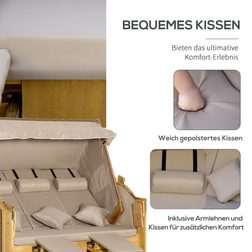 Outsunny Strandkorb 3-Sitzer Sonnenliege mit Dach 2 Klapptischen Fußstütze Chaiselongue 5-stufige Rückenlehne XXL Polyrattan Natur 150 x 79 x 160 cm