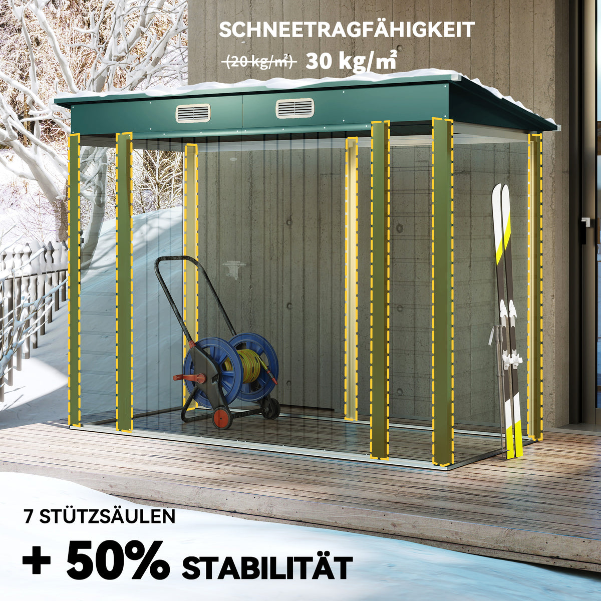 Outsunny Gerätehaus, Metall-Gartenhaus mit Pultdach, 249 x 121 x 166/183 cm, Einfache Montage, mit Doppeltüren, Grün