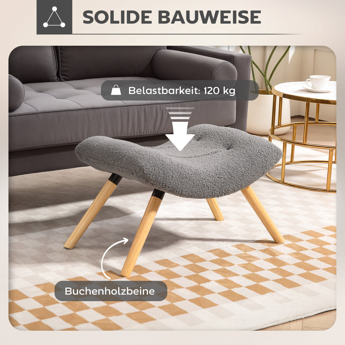 HOMCOM Moderner Fußhocker mit Fleece-Bezug und Holzbeinen, gepolstert, für Wohnzimmer, Schlafzimmer, Flur, Dunkelgrau