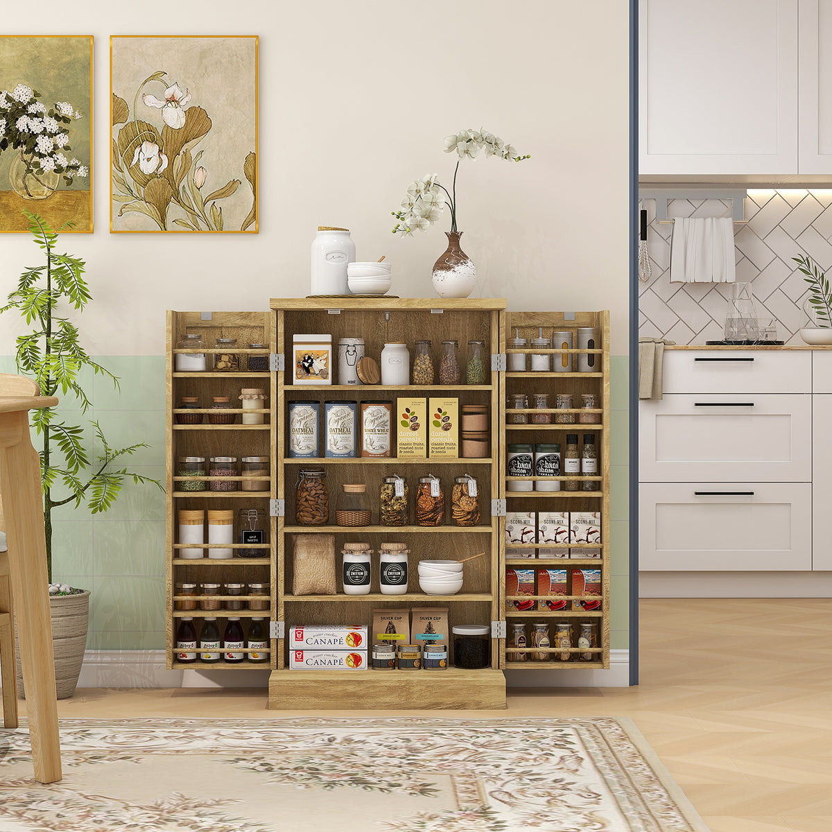 HOMCOM Buffet Küche Küchenmöbel Aufbewahrung mit 12 Regalen an Türen verstellbar 60 x 30 x 104 cm Naturholzoptik
