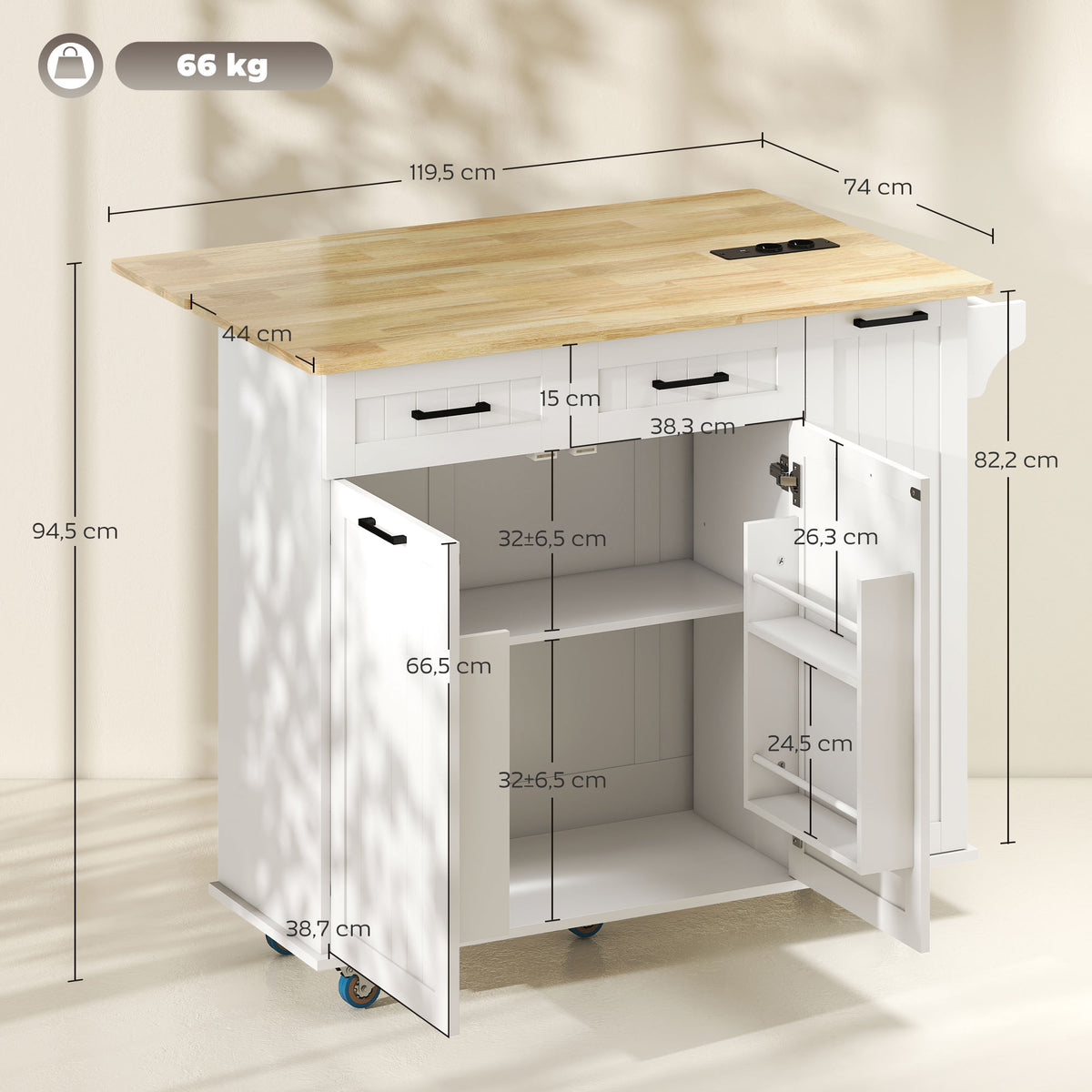 HOMCOM Mobile Kücheninsel mit Steckdose und USB-Port, klappbare Arbeitsplatte, verstellbares Regal Weiß