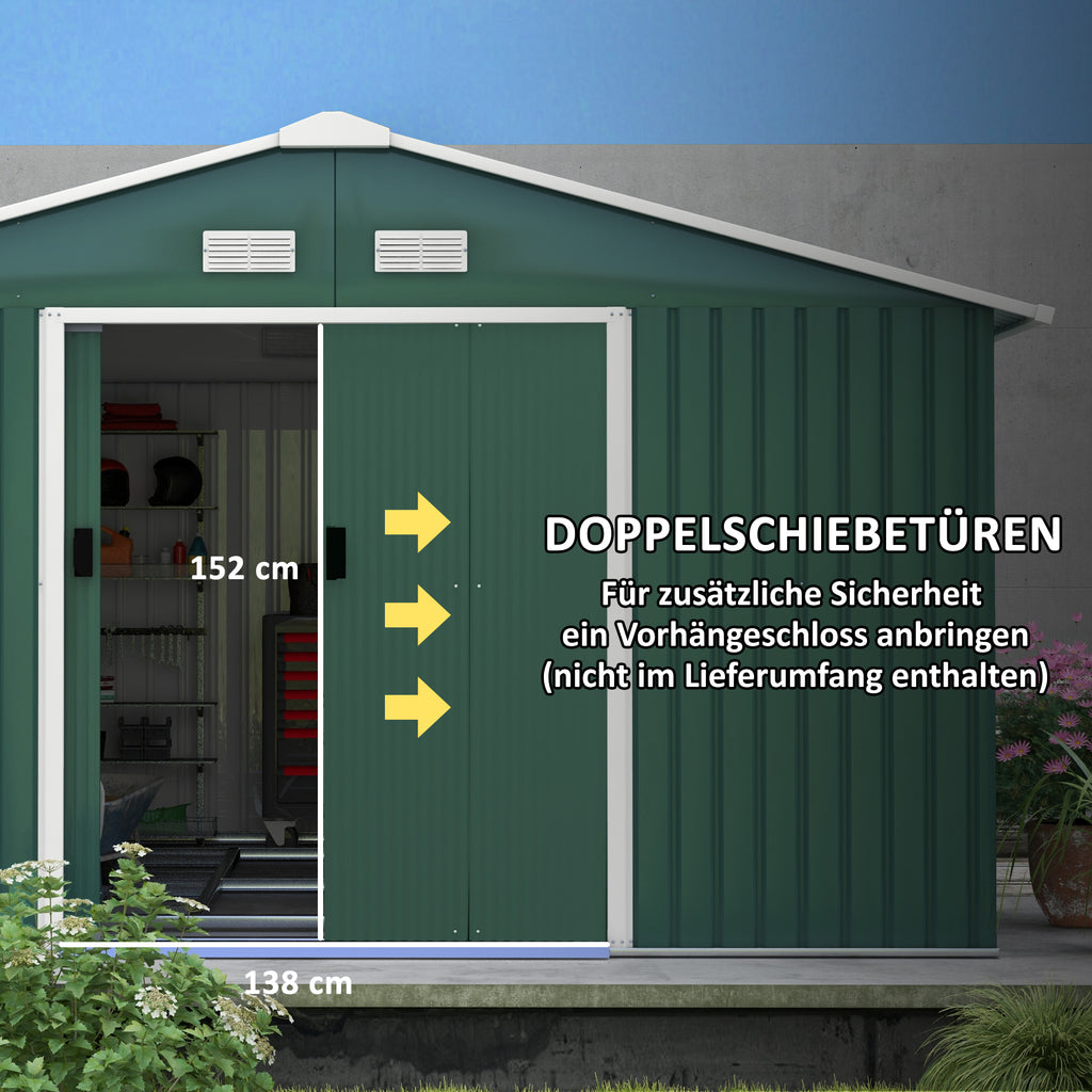 Outsunny Geräteschuppen, Wetterfestes Gartenhaus für Gartengeräte, mit Belüftungsfenstern, Schiebetüren, Stahl, Dunkelgrün