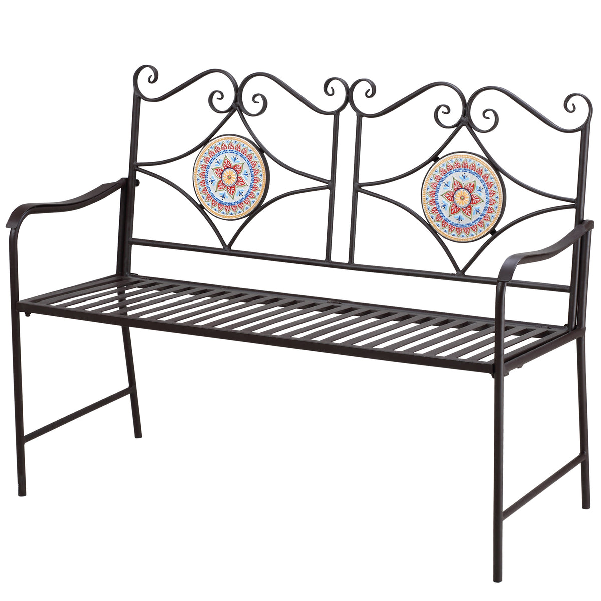Outsunny Gartenbank im Vintage-Design, 2 Sitzer, wetterbeständig, mit Mosaiksteinen, 121 cm x 52 cm x 93 cm, Mehrfarbig