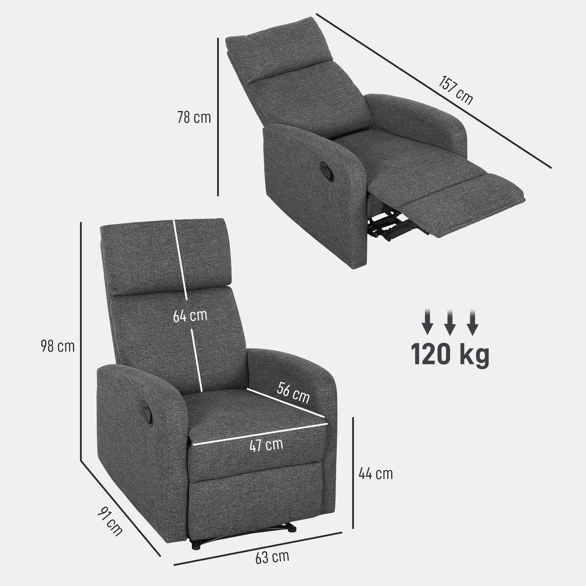 HOMCOM Relaxsessel, verstellbarer Liegesessel mit anpassbarer Beinstütze, Moderner Wohnzimmersessel mit Stoffbezug, Grau