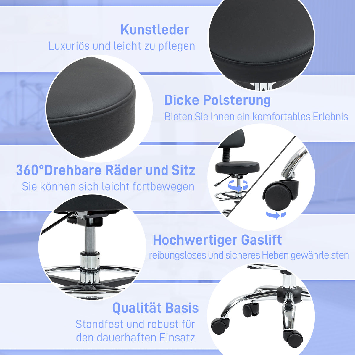 HOMCOM Bürostuhl, Kompakter Drehstuhl, höhenverstellbar, mit Fußstütze, 360° drehbar, Kunstleder, Metall, Schwarz