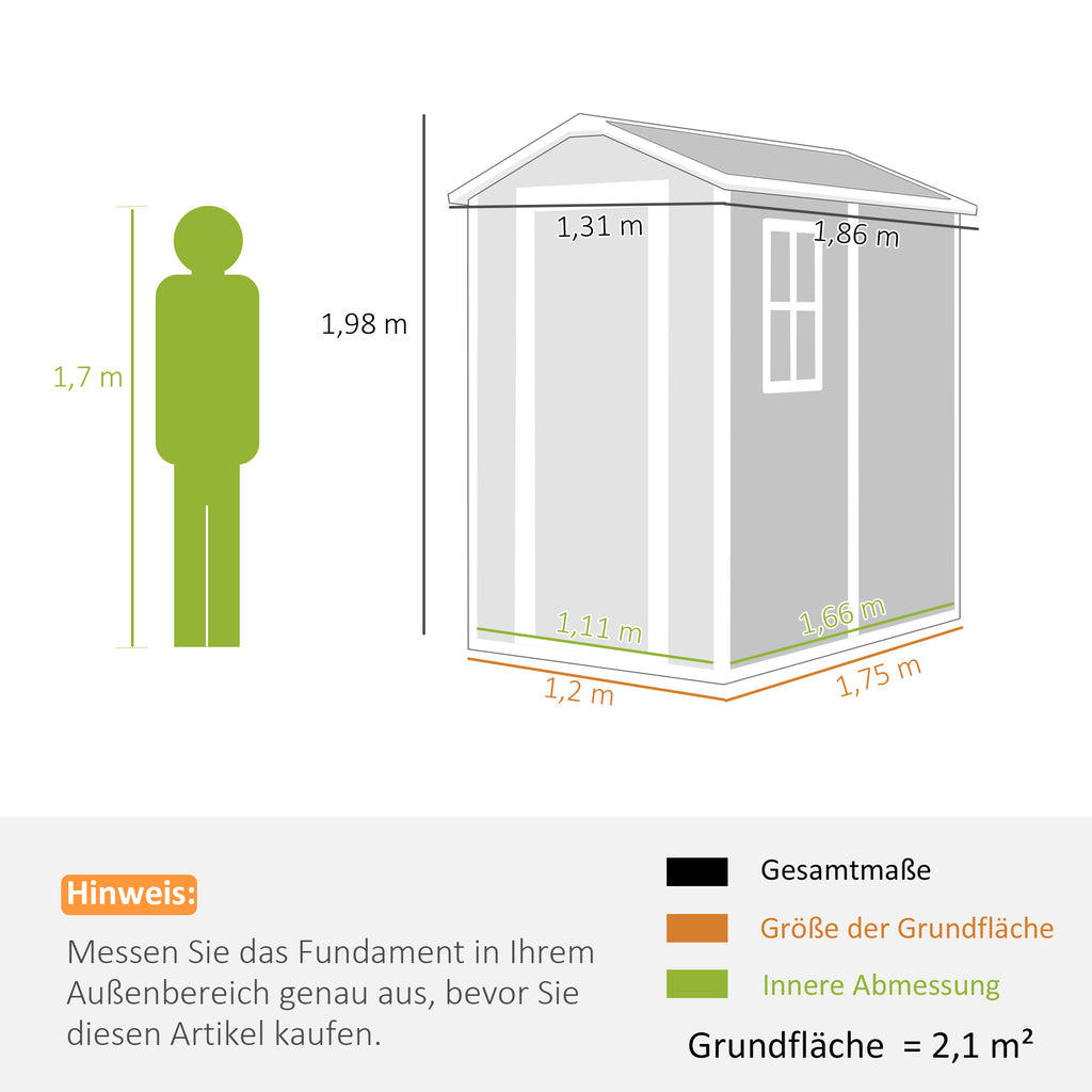 Outsunny Gartenschuppen, Kunststoff-Gartenhaus mit Boden, Fenster, verschließbare Türen, für Garten, 131B x 186T x 198H cm, Grau