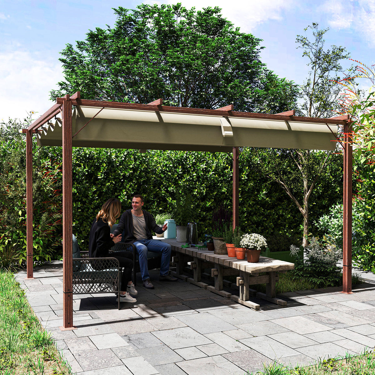 Outsunny 3 x 4 m Garten-Pergola, Verstellbares Terrassendach, Aluminium-Rahmen, UPF30+ Sonnenschutz, Naturholz