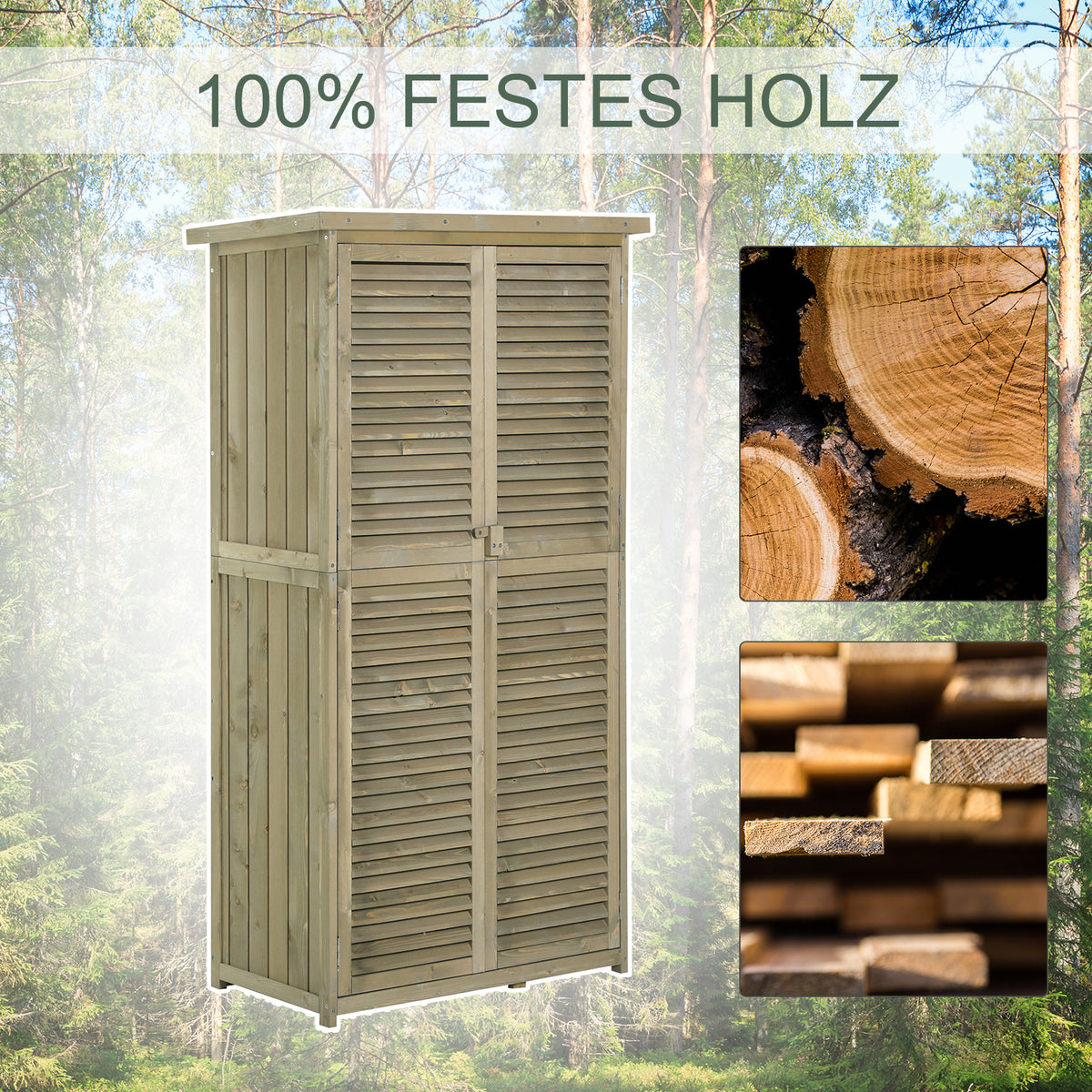 Outsunny Gartenschrank Holz Geräteschuppen Gerätehaus mit Asphaltdach Lamellentür Geräteschrank Schuppen Garten 4 Fächer Grau 87 x 46,5 x 160 cm