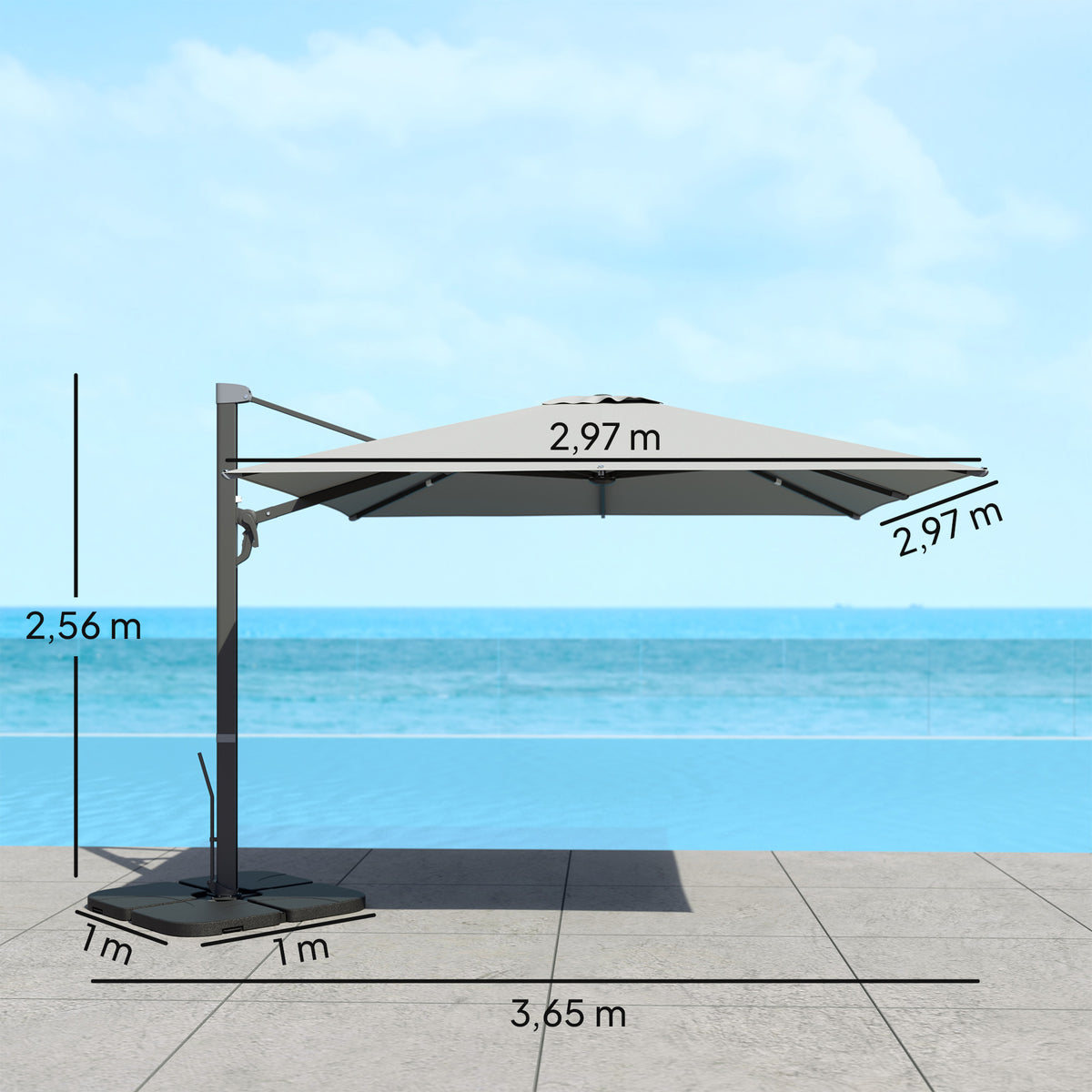 Outsunny Alu Ampelschirm 3 x 3 m 360° drehbar Sonnenschirm mit Kurbel Ständer Windschutz Hellgrau
