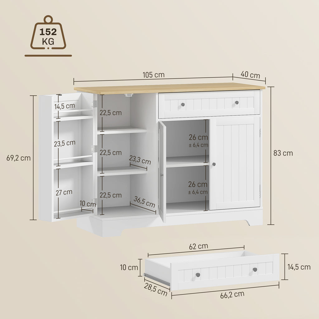 HOMCOM Buffet Küche, Aufbewahrungsmöbel mit 3 Türen, Schublade, Türregale und verstellbarem Regal, 105x40x83cm, weiß
